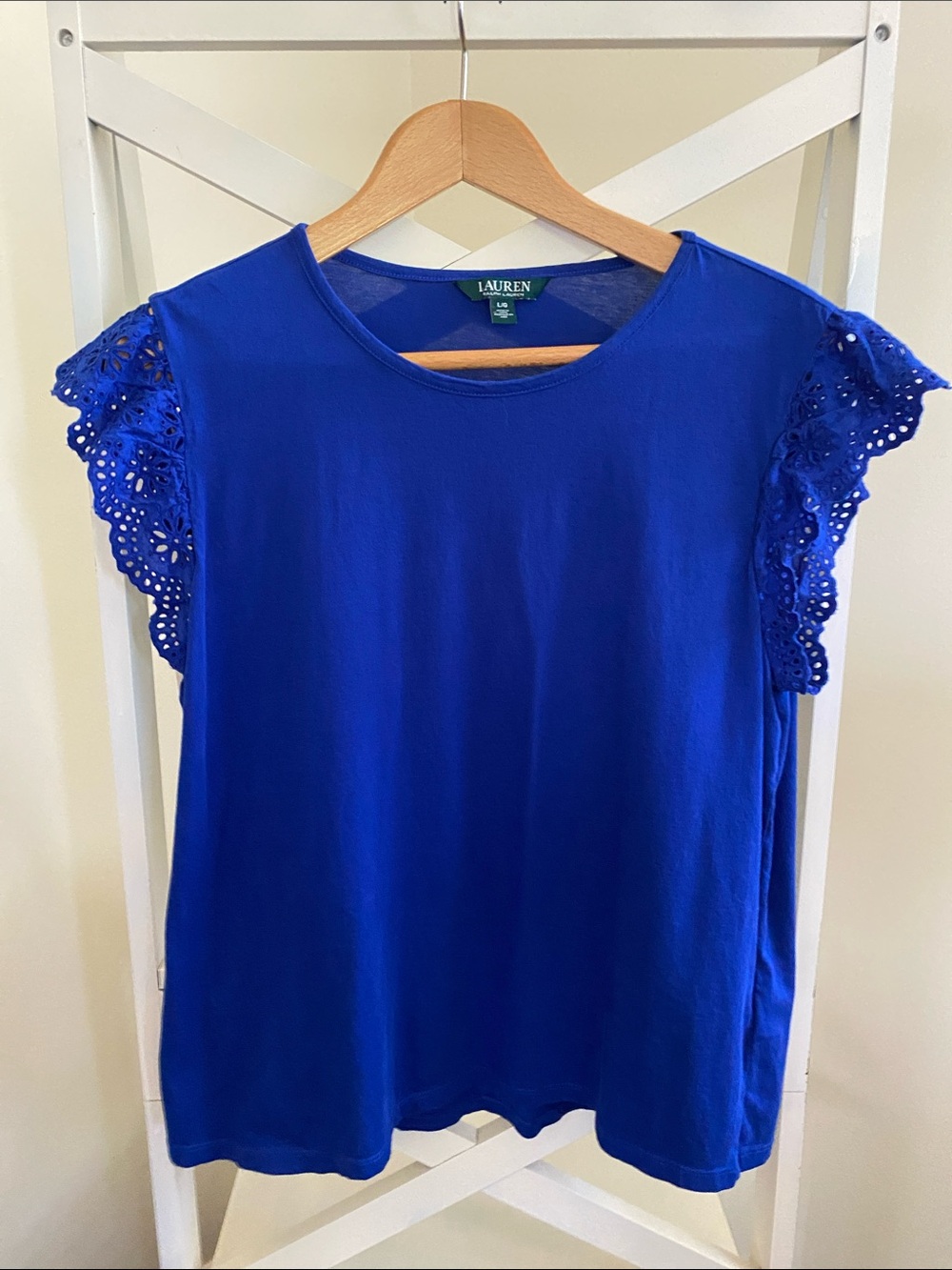 Lauren Ralph Lauren Cobalt Blue Eyelet Flutter Sleeve Tank